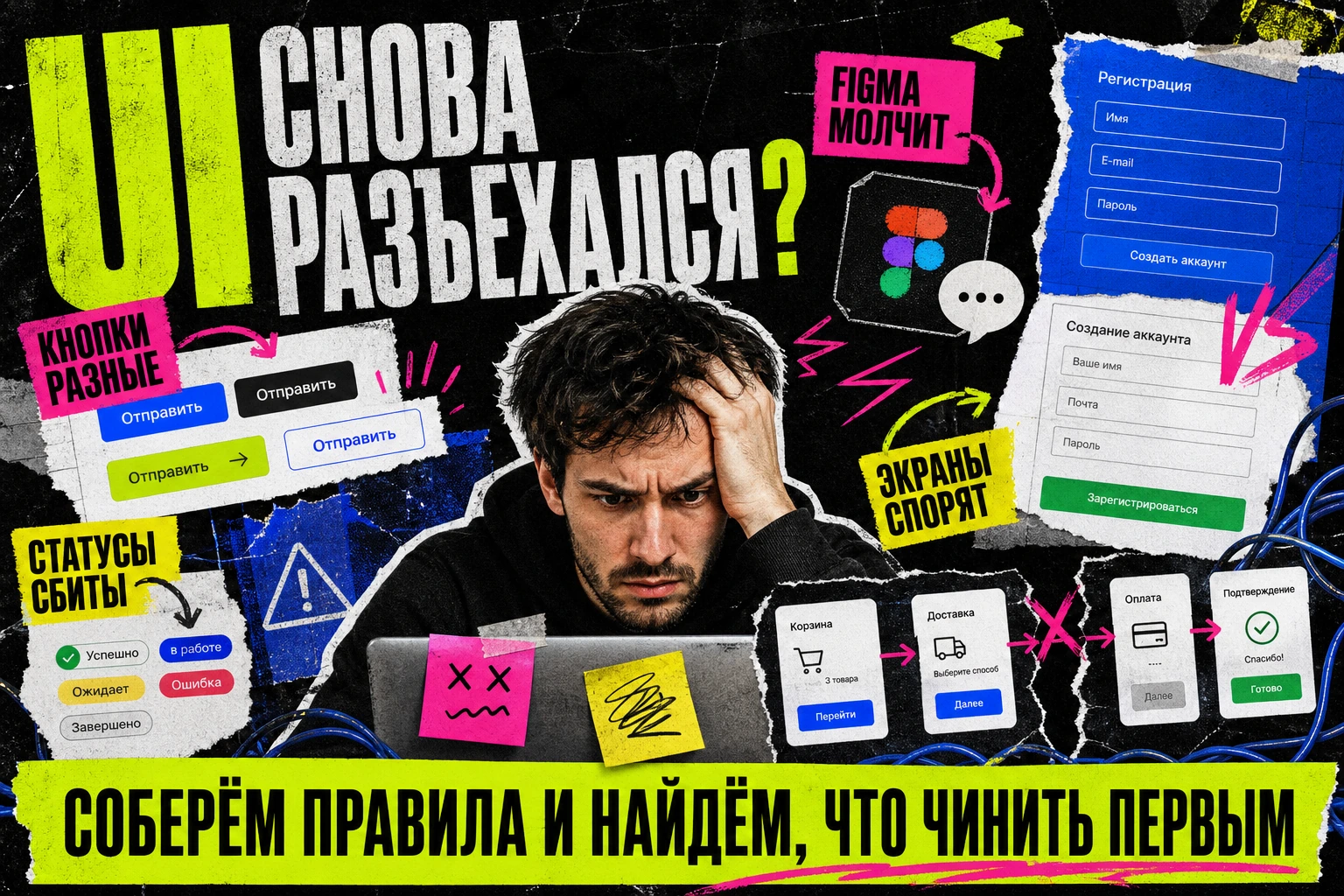 Постер о дизайн-системе: команда смотрит на хаос экранов, разные кнопки, сломанные состояния и UI-kit