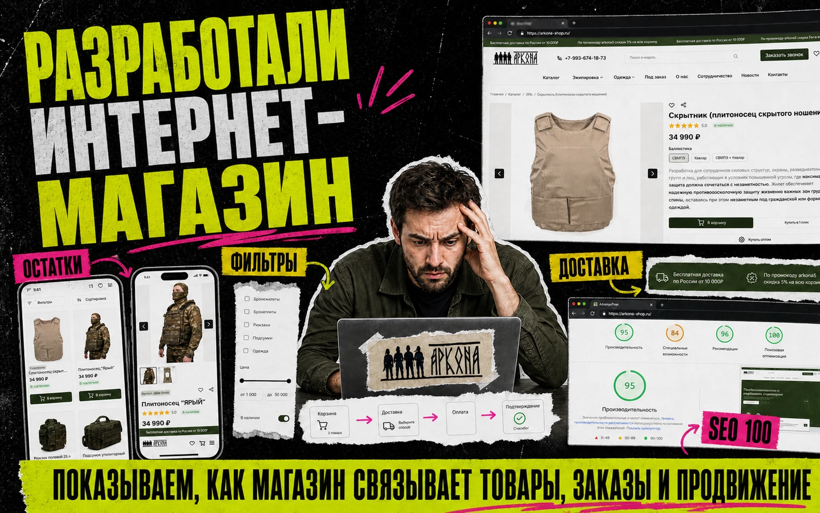Постер о разработке интернет-магазина Аркона с реальными экранами товара, мобильного каталога, фильтров и SEO-проверки