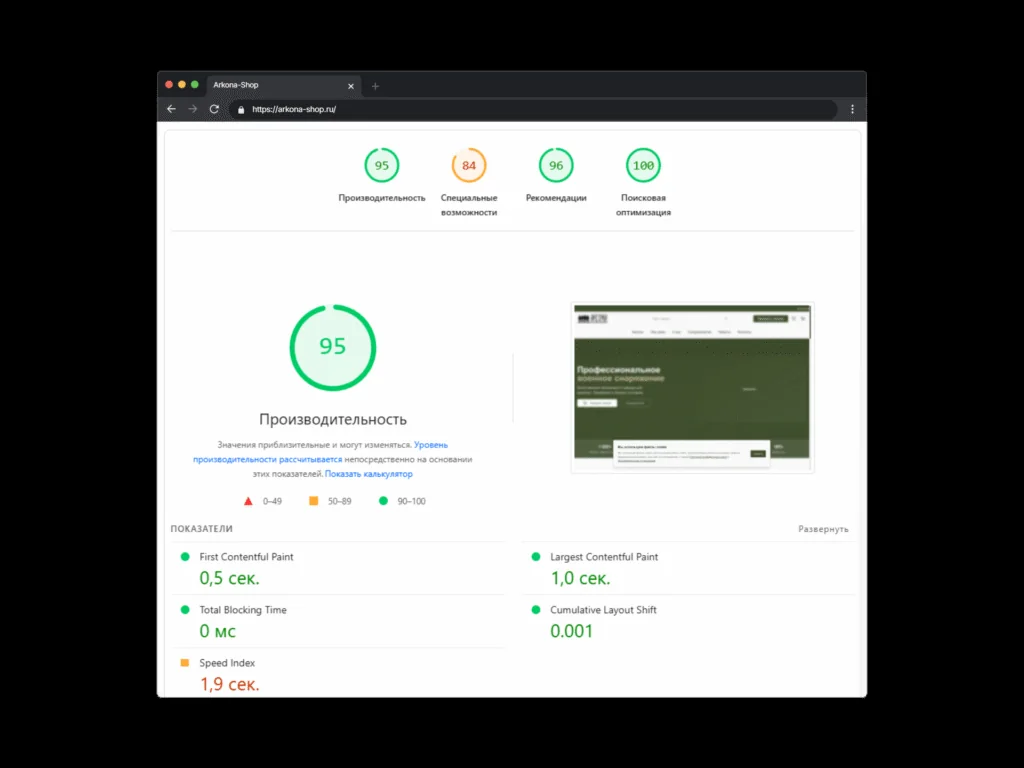 SEO-экран интернет-магазина Аркона