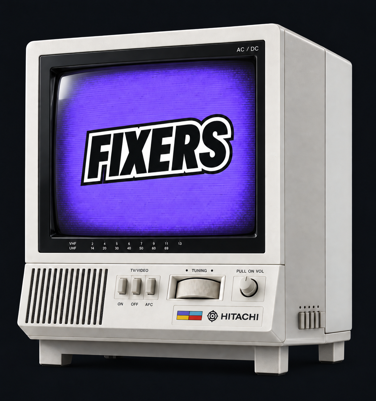 Фирменный кей-визуал FIXERS: ретротелевизор с фиолетовым экраном